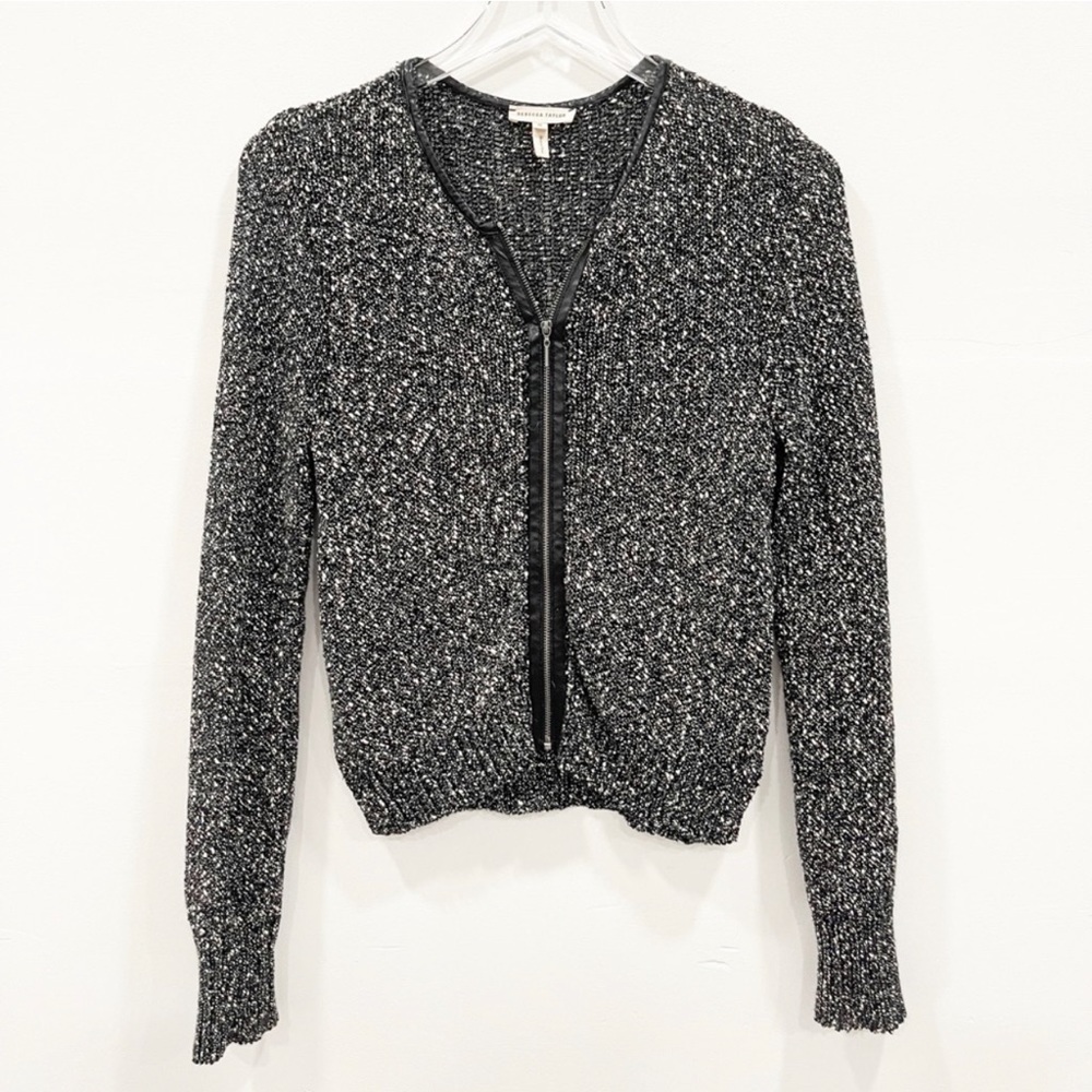 Rebecca Taylor Heather Knit Full Zip Sweater Jacket Faux Leather Trim Size M